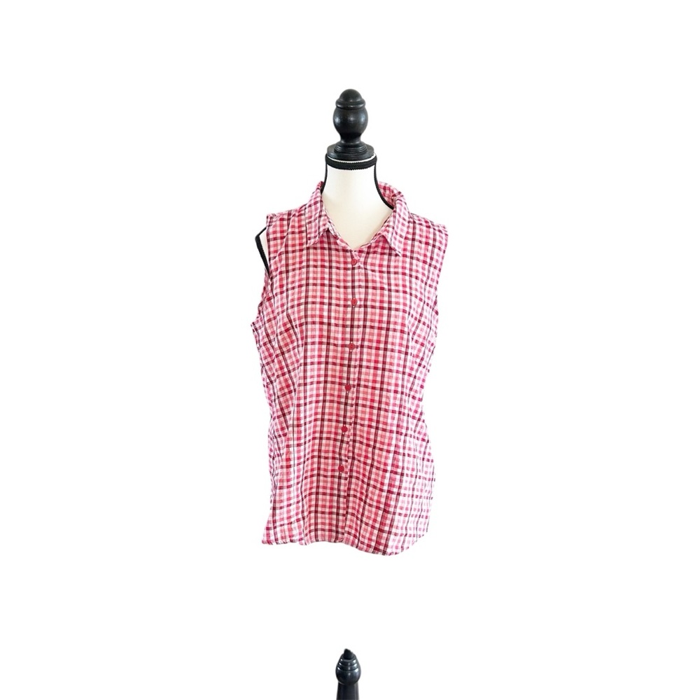 Plaid Sleeveless Button Down Red & White Gingham Shirt Size Large Spring Summer